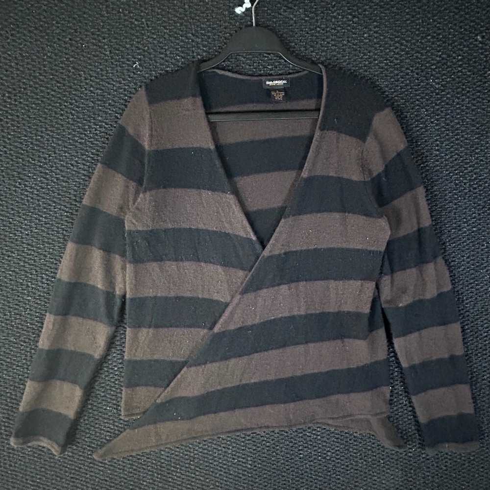 Philosophy Dane Lewis Womens Cashmere Sweater Brown Black Striped Wrap V-Neck‎ L